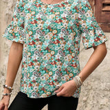 EMERY ROSE Camisa de mujer de cuello redondo con flores de tamano pequeno, casual rural, ideal para vacaciones en el campo, manga acampanada