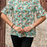 EMERY ROSE Camisa de mujer de cuello redondo con flores de tamano pequeno, casual rural, ideal para vacaciones en el campo, manga acampanada