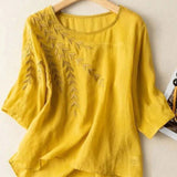 Camisa de verano para mujer con cuello redondo bordado de maiz amarillo