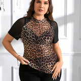 Elegante blusa de malla estampada de leopardo de a grande para mujeres