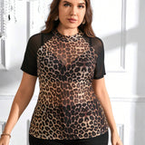 Elegante blusa de malla estampada de leopardo de a grande para mujeres