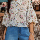 Frenchy Blusa floral de gasa con mangas globito y cuello de camisa