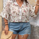 Frenchy Blusa floral de gasa con mangas globito y cuello de camisa