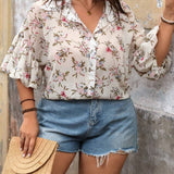 Frenchy Blusa floral de gasa con mangas globito y cuello de camisa