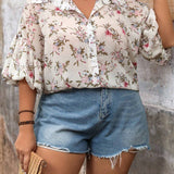 Frenchy Blusa floral de gasa con mangas globito y cuello de camisa