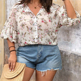 Frenchy Blusa floral de gasa con mangas globito y cuello de camisa