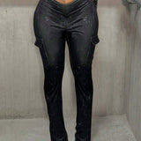 Slayr Pantalones de mujer oscuros de verano casuales de trabajo de calle tridimensionales con cintura en V y bolsillos de tela pit strip lavado con arena ajustados, modelo T-H