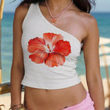 EZwear Top de un hombro para dama con diseno de flores para vacaciones en la playa, coleccion de primavera/verano