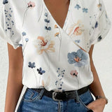 SHEIN LUNE Camisa de verano casual con estampado floral, cuello V con muesca