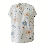 Camisa de verano casual con estampado floral, cuello V con muesca