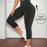 EZwear Jeans negros ajustados de alta elasticidad para mujer, cintura cruzada casual, longitud de siete cuartos