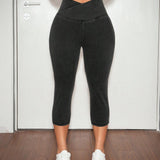 EZwear Jeans negros ajustados de alta elasticidad para mujer, cintura cruzada casual, longitud de siete cuartos