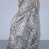 Coolane Pantalones de carga para mujer con cintura baja y estampado de leopardo de moda con pliegues y cordon ajustable