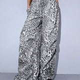 Coolane Pantalones de carga para mujer con cintura baja y estampado de leopardo de moda con pliegues y cordon ajustable