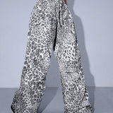 Coolane Pantalones de carga para mujer con cintura baja y estampado de leopardo de moda con pliegues y cordon ajustable