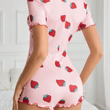 Enterizo de pijama de manga corta con botones delanteros e impresion de frutas para mujeres, ideal para verano