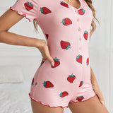 Enterizo de pijama de manga corta con botones delanteros e impresion de frutas para mujeres, ideal para verano