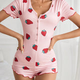 Enterizo de pijama de manga corta con botones delanteros e impresion de frutas para mujeres, ideal para verano