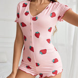 Enterizo de pijama de manga corta con botones delanteros e impresion de frutas para mujeres, ideal para verano