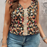 Blusa sin mangas casual acolchada en los hombros de a grande para vacaciones con diseno floral y encaje de contraste