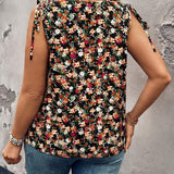 Blusa sin mangas casual acolchada en los hombros de a grande para vacaciones con diseno floral y encaje de contraste