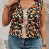 Blusa sin mangas casual acolchada en los hombros de a grande para vacaciones con diseno floral y encaje de contraste