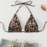 Bikini con estampado de leopardo para playa de verano para mujeres, cuello halter y corbata posterior, impresion aleatoria