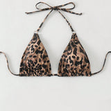 Bikini con estampado de leopardo para playa de verano para mujeres, cuello halter y corbata posterior, impresion aleatoria