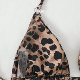 Bikini con estampado de leopardo para playa de verano para mujeres, cuello halter y corbata posterior, impresion aleatoria