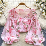 Camisa transparente de gasa para mujer con estampado floral, mangas de linterna y volantes para uso diario, playa, cita romantica, ceremonia de bodas, festival musical de verano