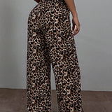 EZwear Pantalones rectos de cintura alta con estampado de leopardo