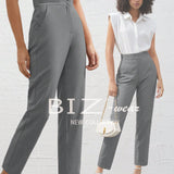 BIZwear Pantalones unicolor de cintura alta con corte ajustado para mujer, ideales para uso diario y el trabajo