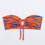 Swim Top de bikini bandeau hueco impreso de cebra con tirantes para hombros, para mujer, para playa de verano, estampado aleatorio
