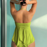 Swim Chicsea Conjunto de tankini de mujer para la playa de verano de unicolor con chaleco descubierto y pantalon triangular, 2 formas de usar