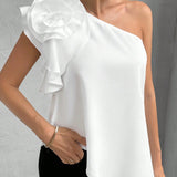 Prive CamiConjuntoa asimetrica de verano elegante para mujer con flores 3D, sin mangas y con hombro oblicuo