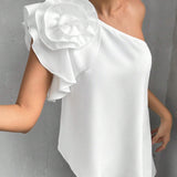 Prive CamiConjuntoa asimetrica de verano elegante para mujer con flores 3D, sin mangas y con hombro oblicuo