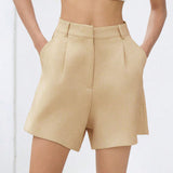 Pantalones cortos basicos casuales sueltos para mujer con pliegues de unicolor