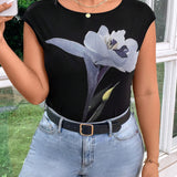 Camiseta de manga corta con cuello redondo y tela de malla impresa con flores de a grande para mujer, adecuada para salir y conciertos