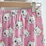 Conjunto de dos piezas para mujer con estampado de gato animado, top de camisola y pantalones cortos, de uso casual en el hogar