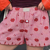 Essnce Nuevos shorts de verano a cuadros en rojo y blanco bordado para mujer en 2024