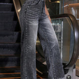 EZwear Pantalones Jeans casuales para mujer de ajuste holgado con bolsillos laterales y pierna ancha