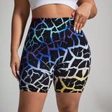 Shorts deportivos de talla grande para mujer con estampado geometrico y cintura alta para uso diario y fitness