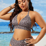 Swim Curve Conjunto de traje de bano de talla grande con estampado de leopardo para la playa de verano