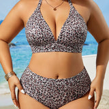 Swim Curve Conjunto de traje de bano de talla grande con estampado de leopardo para la playa de verano