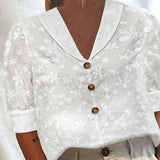 Camisa blanca translucida de manga princesa con cuello en V para mujer con bordados de flores