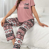Conjunto de pijama con camiConjuntoa de manga corta y pantalones impresos con bloques de color y bolsillos