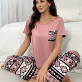Conjunto de pijama con camiConjuntoa de manga corta y pantalones impresos con bloques de color y bolsillos