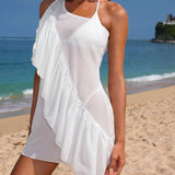 Swim Chicsea Vestido de encubrimiento de vacaciones para mujer con cuello asimetrico y plisado de encaje transparente sin mangas en unicolor