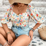 Blusa de a grande con top corto de manga abullonada y estampado floral para vacaciones