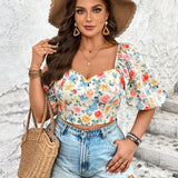 Blusa de a grande con top corto de manga abullonada y estampado floral para vacaciones